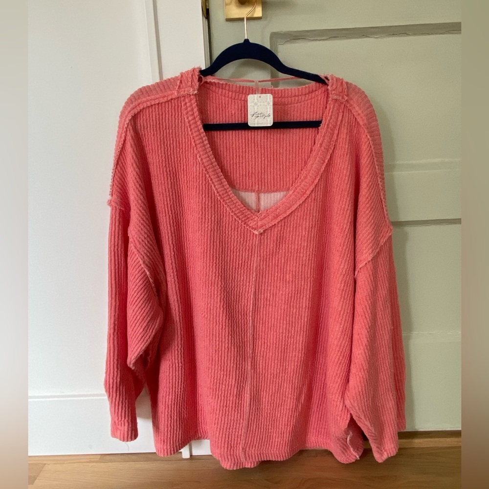 Free people pink textured v-neck sweater